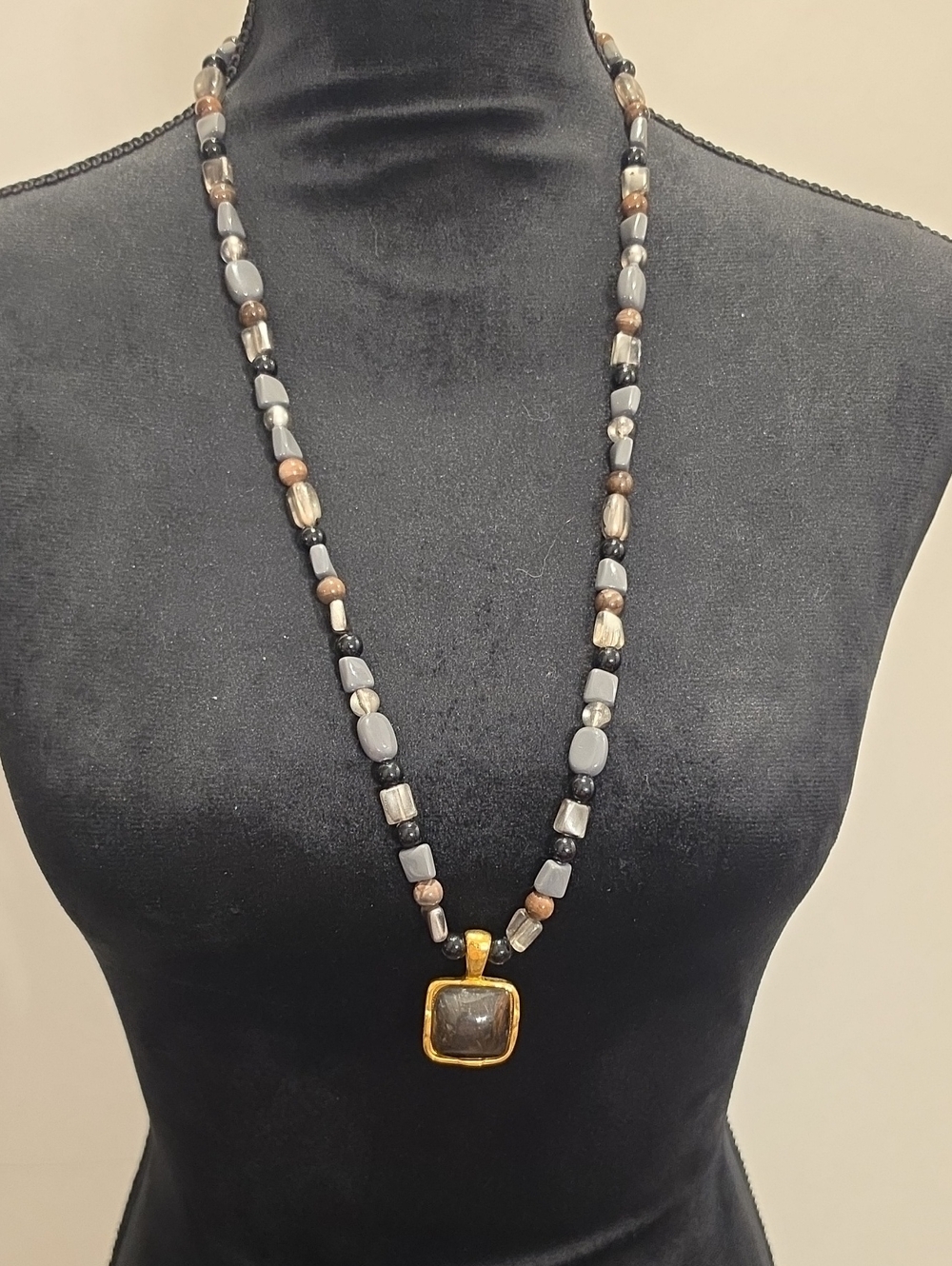 Gold Pendant Black and Gray Beaded Necklace